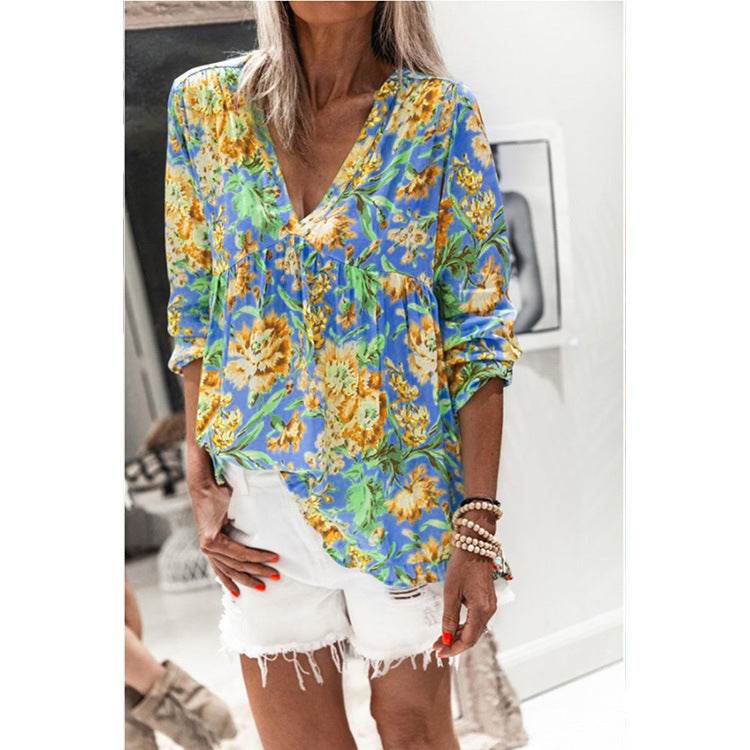 Women Casual Spring Summer New Style Blouse top Printing V-Neck Long-Sleeved - EX-STOCK Canada