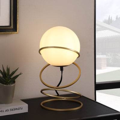 13.5 H Glass Globe Matte Gold Spiral 4 Ring Metal Stand Table Lamp For Living Room, Nightstand Bedside Table Lamp For Bedroom, LED Lamp - EX-STOCK Canada