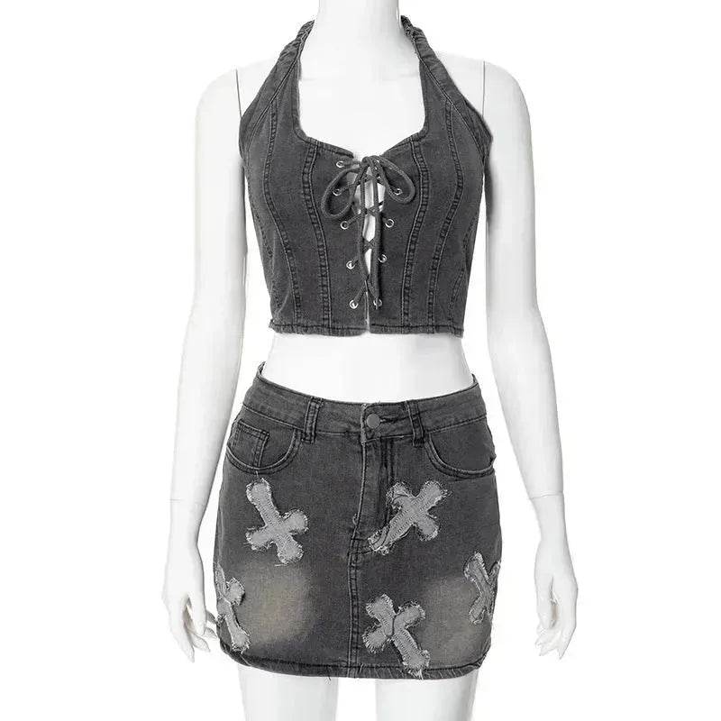 Chic Denim 2 piece Denim Skirt set Jean 2 piece set for Women Sleeveless crop top and Skirt - EX-STOCK Canada