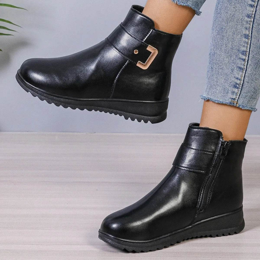 Winter Fleece Boots With Side Zipper Design Fashion Simple Non-slip Ankle Boots For Women Warm Pu Leather Shoes - EX-STOCK Canada