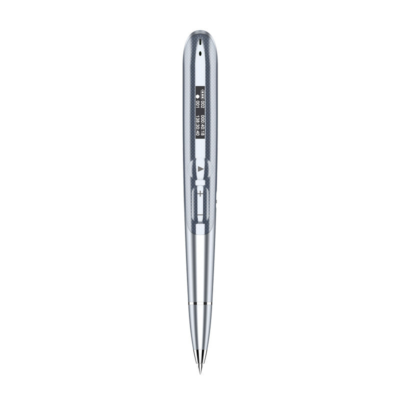 A sleek, metallic silver retractable ballpoint pen shown vertically against a plain white background.