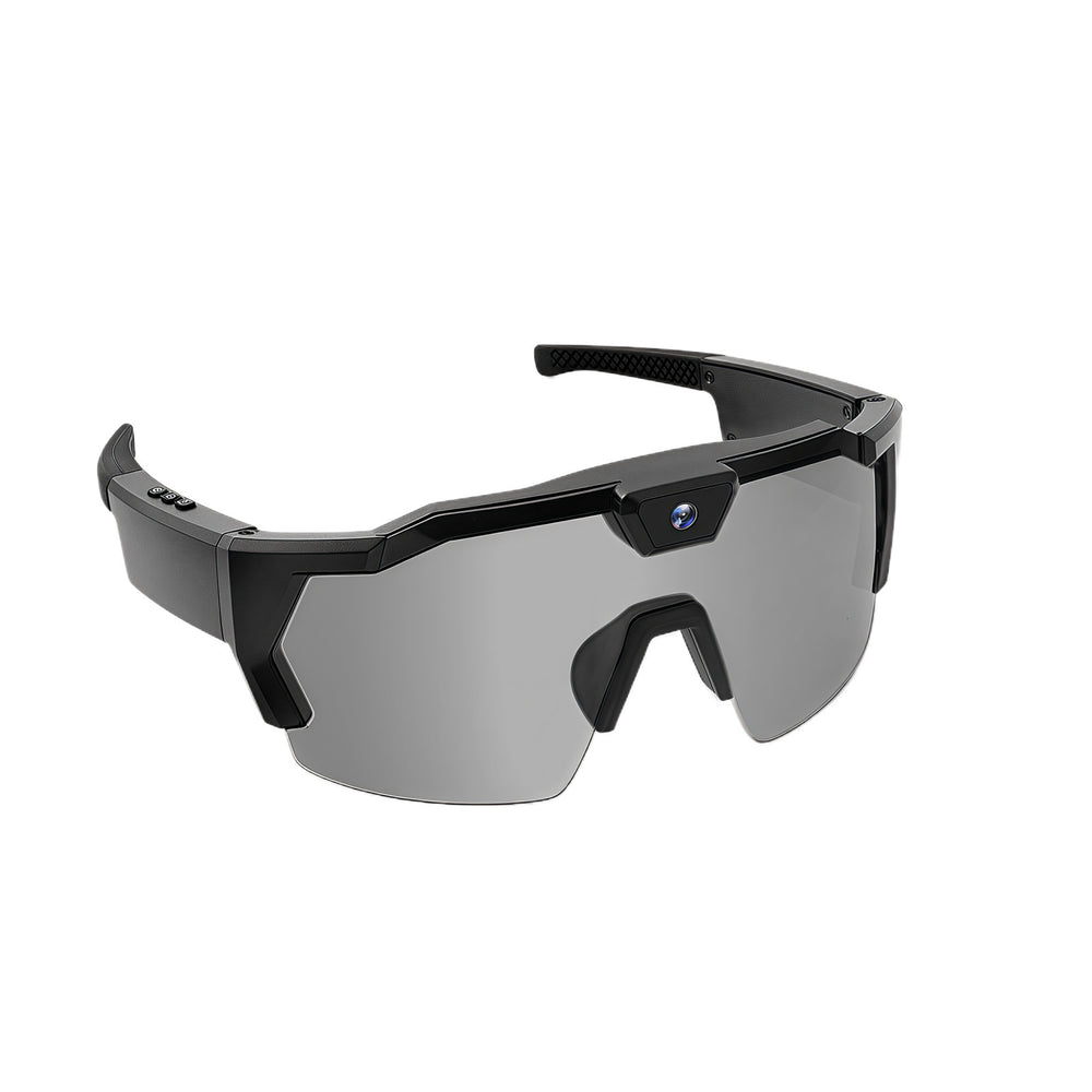 Black sunglasses with a reflective lens on a white background