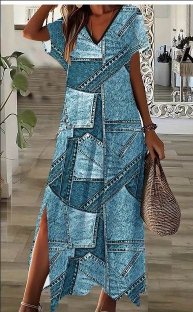 Elegant Women's Short Sleeve V-Neck Denim-Inspired Dress With Geometric Print And Side Slit - Machine Washable - Chic Summer Fashion - EX-STOCK Canada