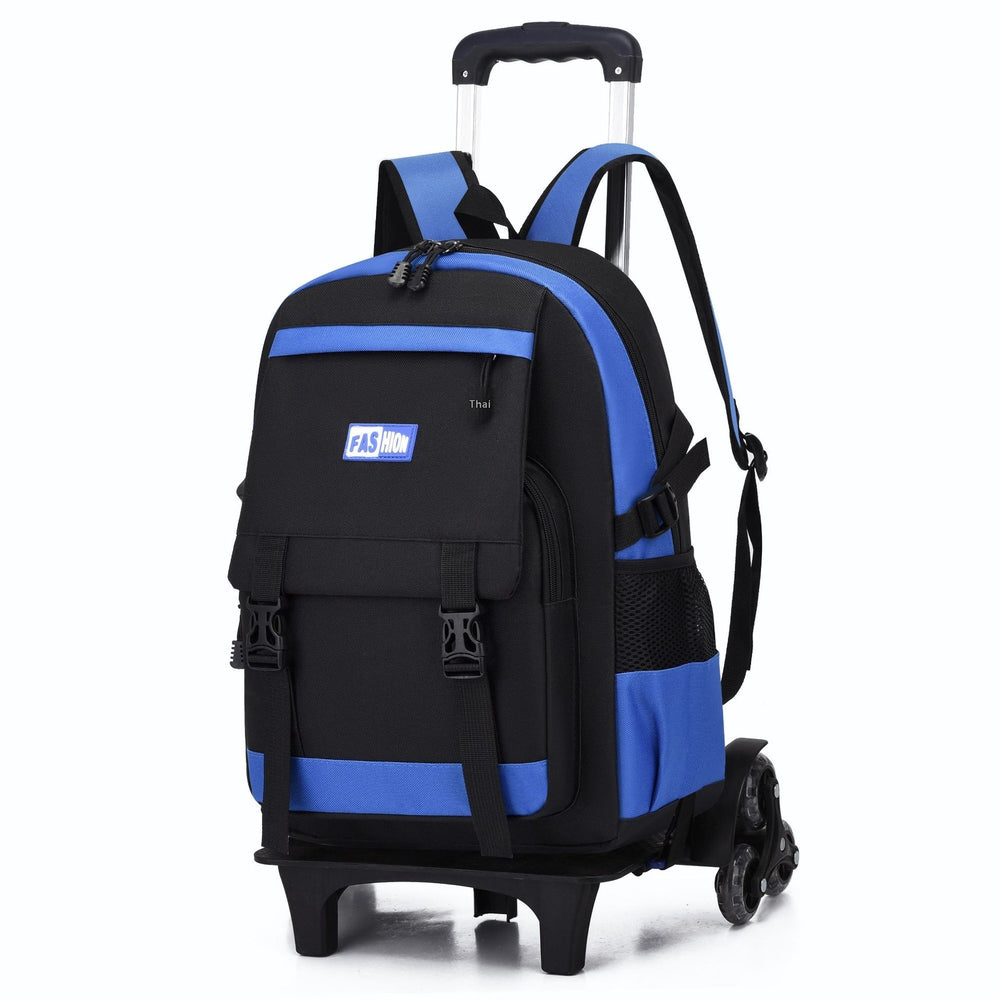 Black and blue backpack with wheels on a white background
