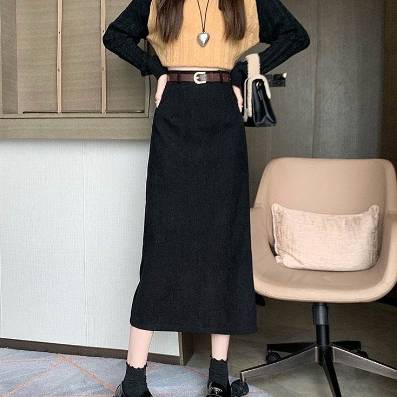 French-style Back slit High waist Midi Corduroy pencil Skirt for women - EX-STOCK Canada