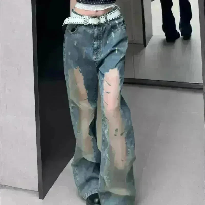 Retro Washed Ripped Baggy Jeans Pant For Women Summer Hollow Out - EX-STOCK CANADA