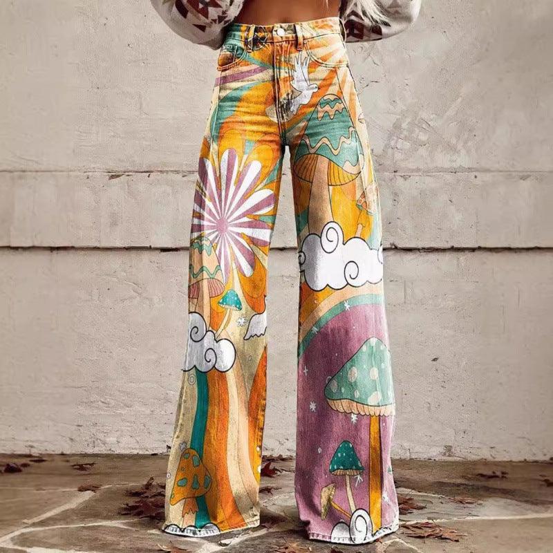 Pantalones acampanados con transferencia térmica Simulación de pantalones vaqueros Pantalones sueltos