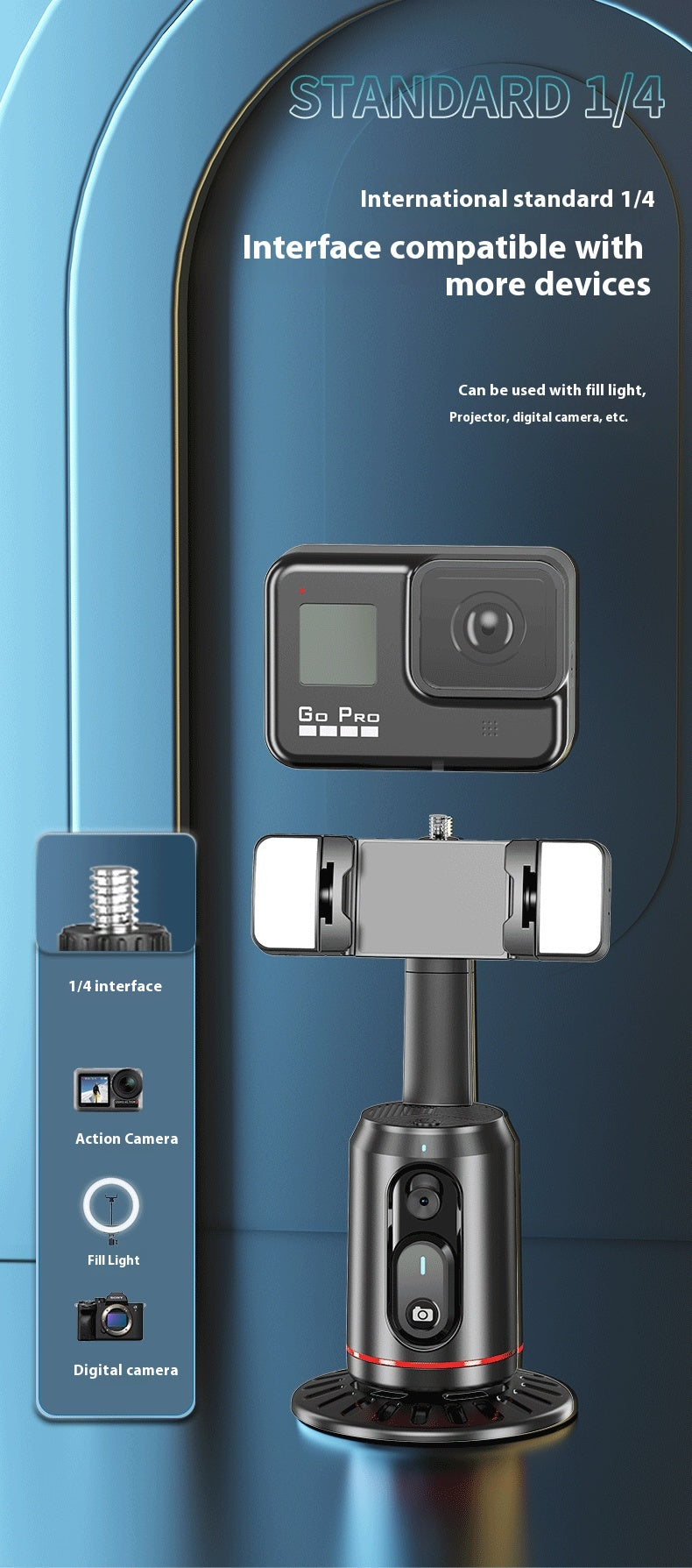 A 1/4-inch standard smartphone tripod mount shown on a blue promotional background, with a GoPro camera mounted in the center and a side inset showing compatible interface components.