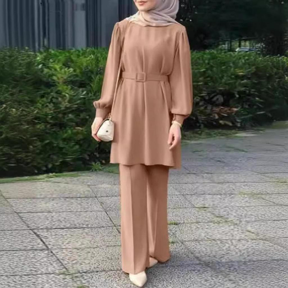 Ensemble haut et pantalon musulman du Moyen-Orient à manches longues, col rond, ceinture à taille élastique - EX-STOCK Canada