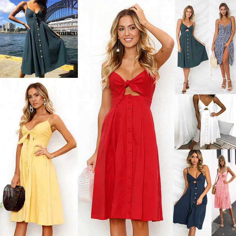 Women Summer cocktail dresses Spaghetti strap Midi Vacation Resort Sundress - EX-STOCK CANADA