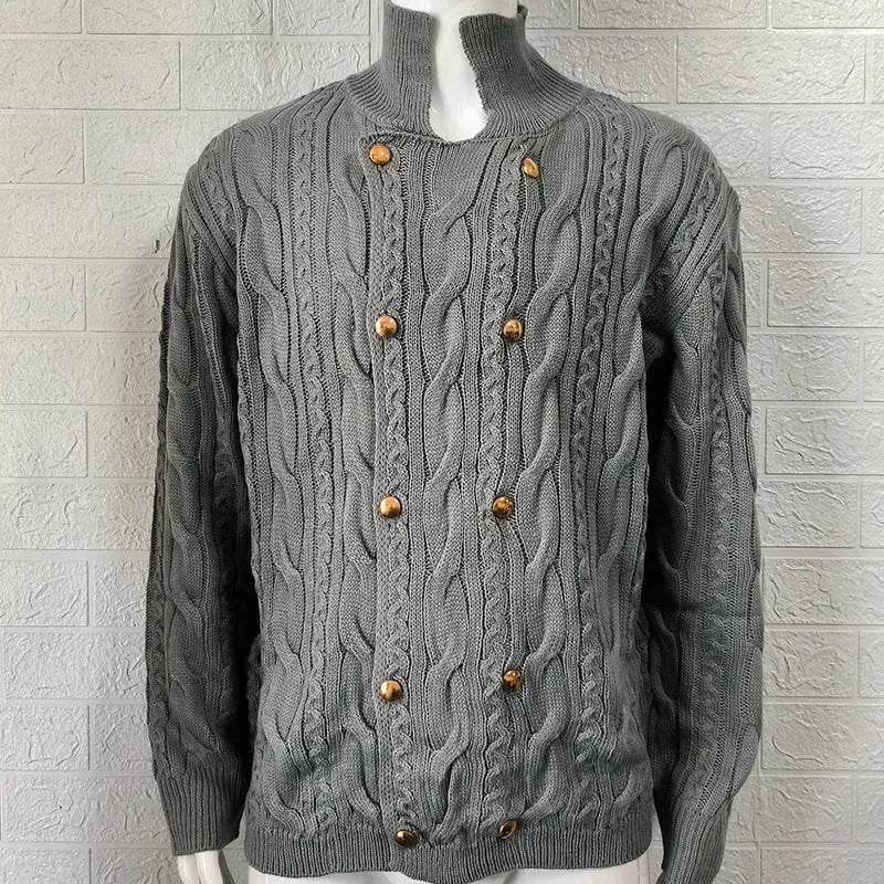 Men's Pure Color Half Collar Double-breasted Knitted Sweater Coat - EX-STOCK Canada