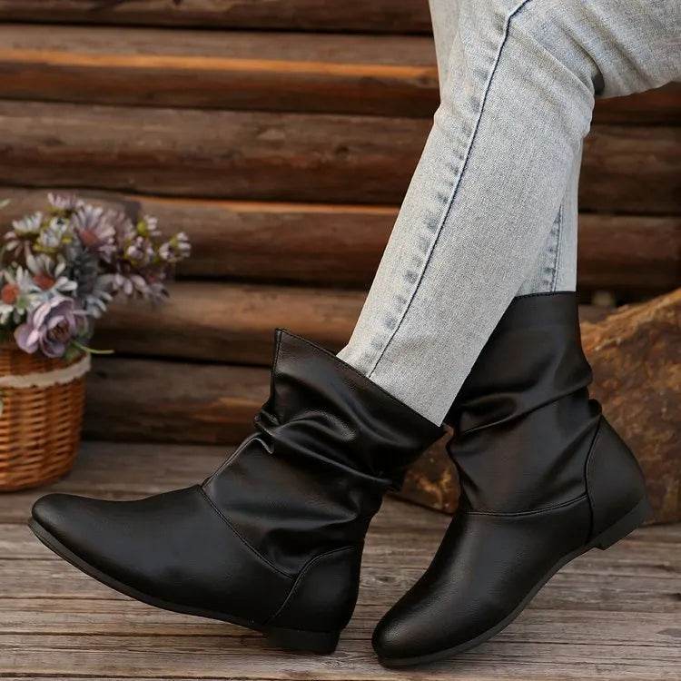 Fashion Round-toed Flat Boots Versatile Simple Slip-on Western Cowboy Boot Casual Short Shoes For Women - EX-STOCK Canada