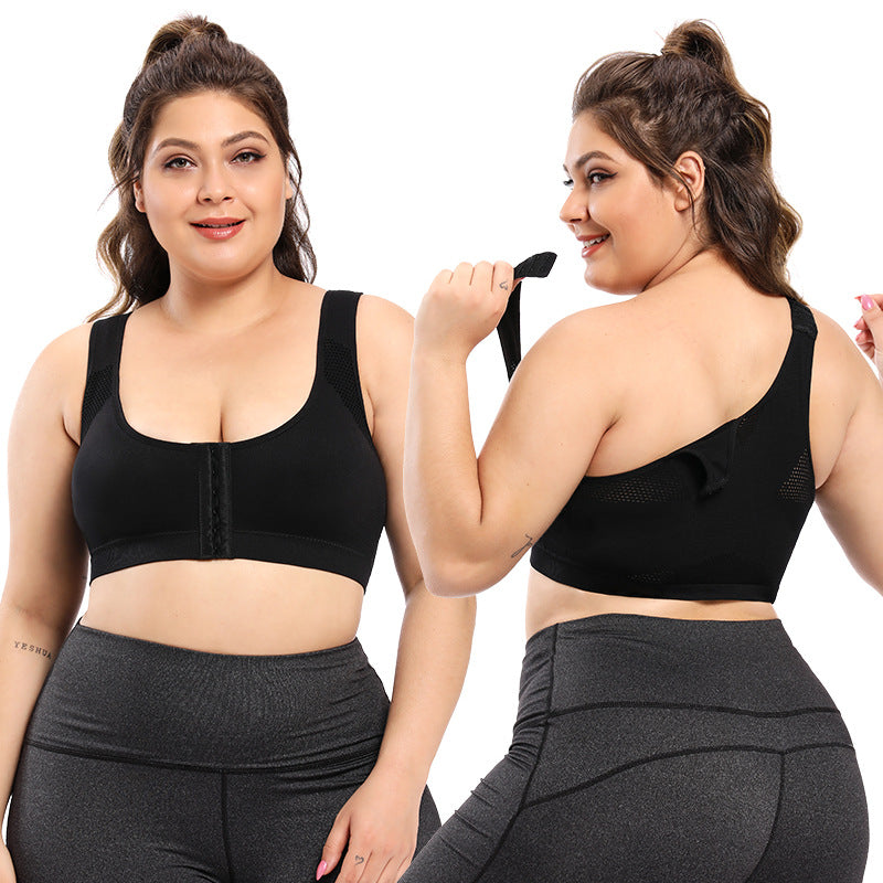 Woman wearing a black sports bra and gray leggings, showing front and back views.