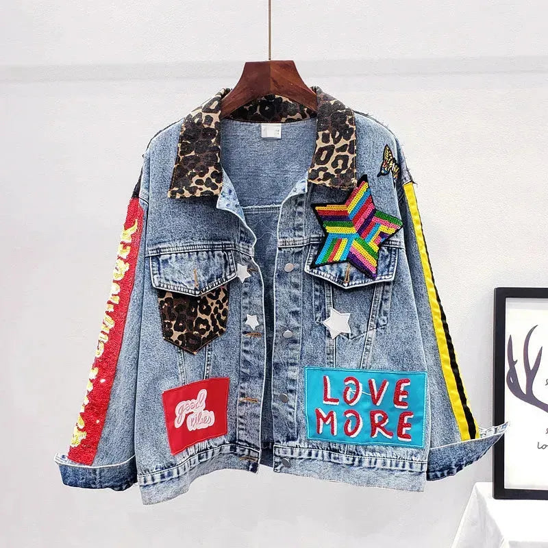 Single Breasted Embroidered Leopard Collar Denim Jacket Women - EX-STOCK CANADA