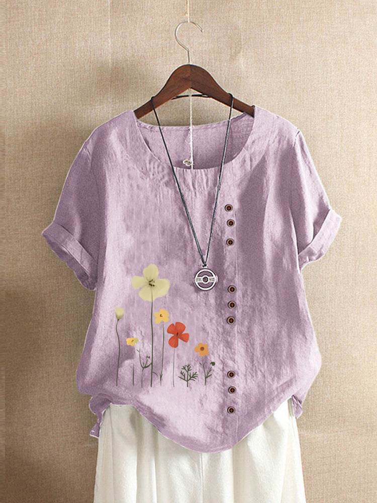 Casual Summer Beach Cotton And Linen Printed Elegant Short Sleeve blouse Top Women - EX-STOCK Canada