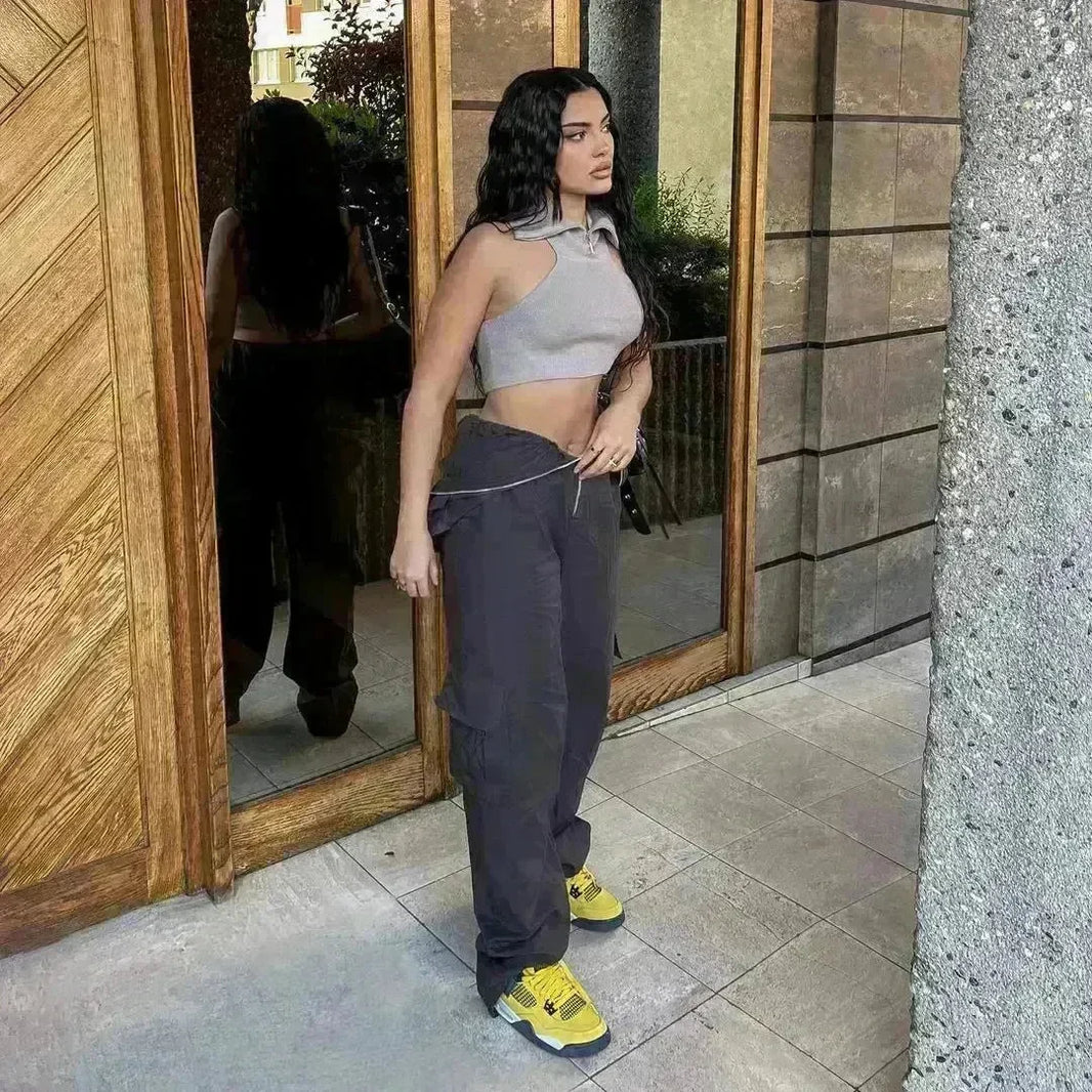 Solid Color High-waisted Zipper V Loose Straight Pocket Street fashion Cargo Pants Women - EX-STOCK CANADA
