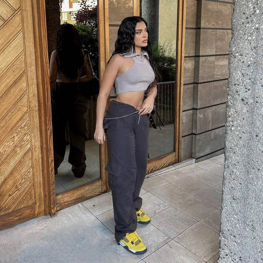 Solid Color High-waisted Zipper V Loose Straight Pocket Street fashion Cargo Pants Women - EX-STOCK Canada