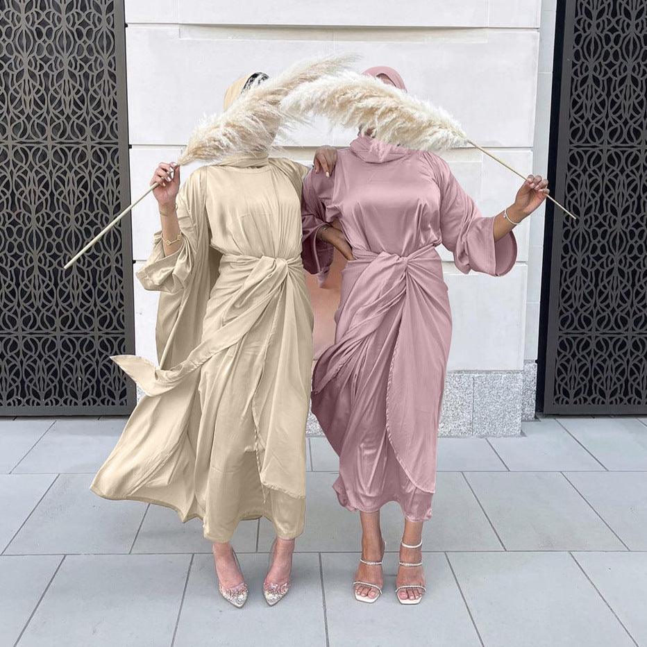 conjunto de 3 piezas de abaya para mujer vestido de satén