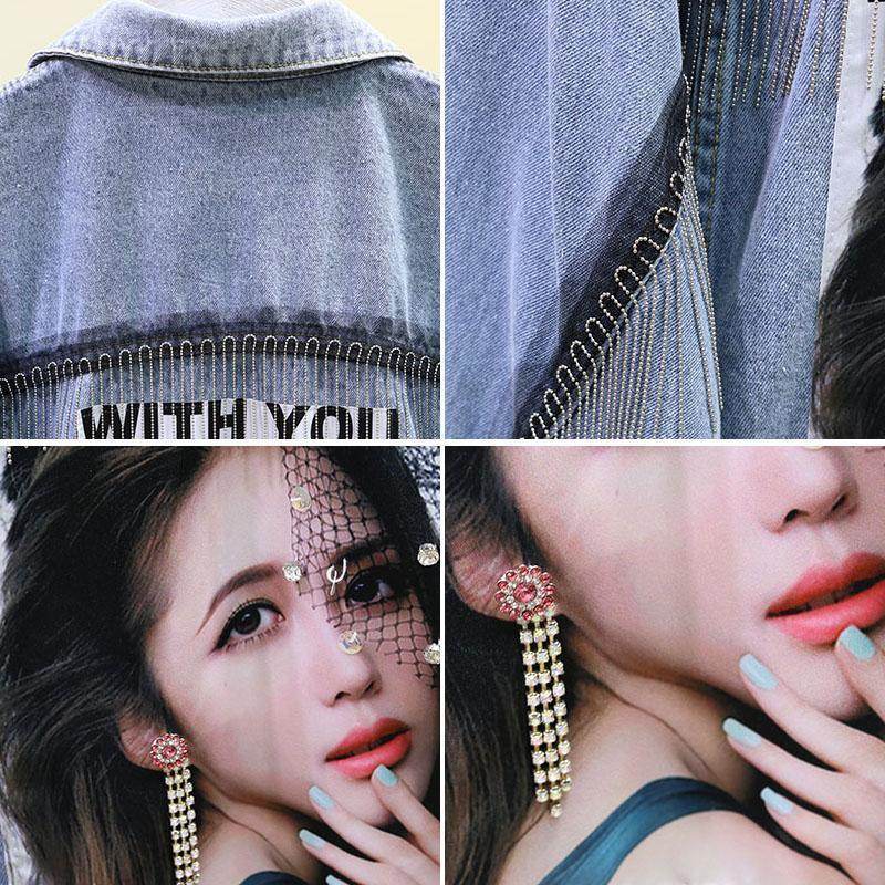 Elegant Women Heavy-duty Diamond-studded Tassel fringe Denim Jacket - EX-STOCK Canada