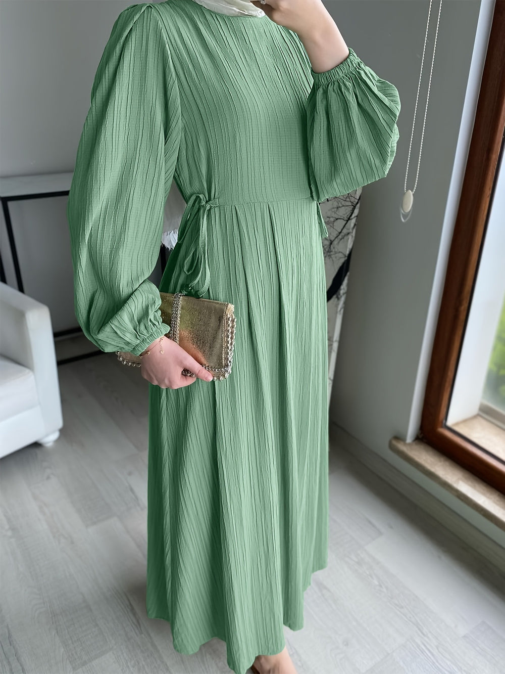 Muslim Round Neck Lantern Sleeve Robe Elegant And Comfortable Dress - EX-STOCK Canada