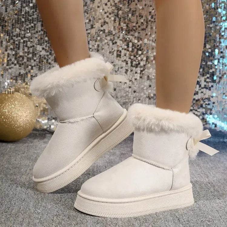 Winter Snow Boots With Bowknot Fashion Round Toe Flat Thickened Suede Cotton Shoes For Women Casual Warm Plush Short Boot - EX-STOCK Canada