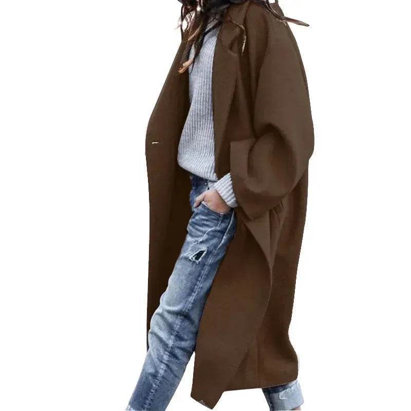 Lapel Single Breasted Women Winter Solid Woolen Trench Coat Long Jacket - EX-STOCK Canada