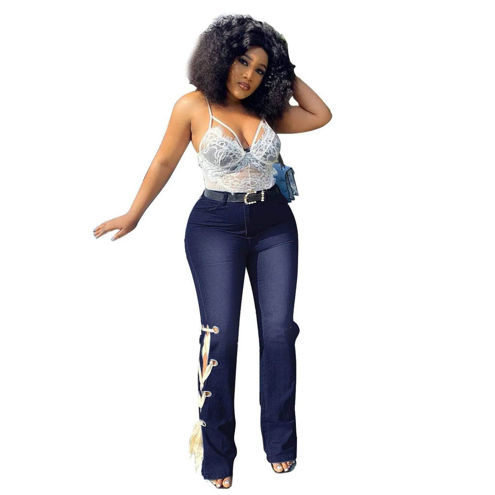 Solid Color Jeans Lace Up Bootcut Trousers - EX-STOCK Canada