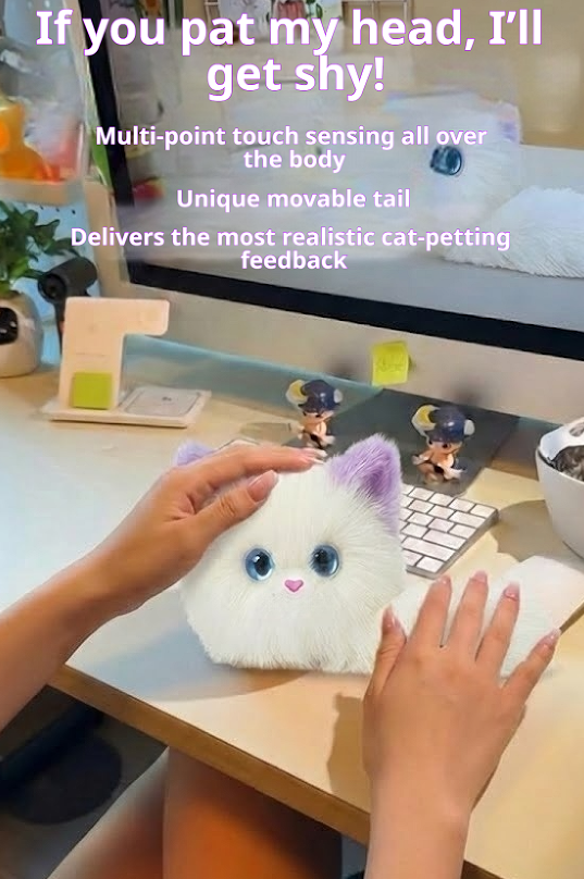 A white plush cat toy with purple ears and blue eyes is being held by two hands at a desk, with promotional text overlaid at the top about touch sensing and feedback.