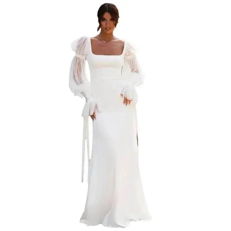 Women's Ruffled Long Sleeve Banquet Temperament High Waist Mop White Wedding Party Fish Tail Styled Dress Mermaid Dress - EX-STOCK Canada