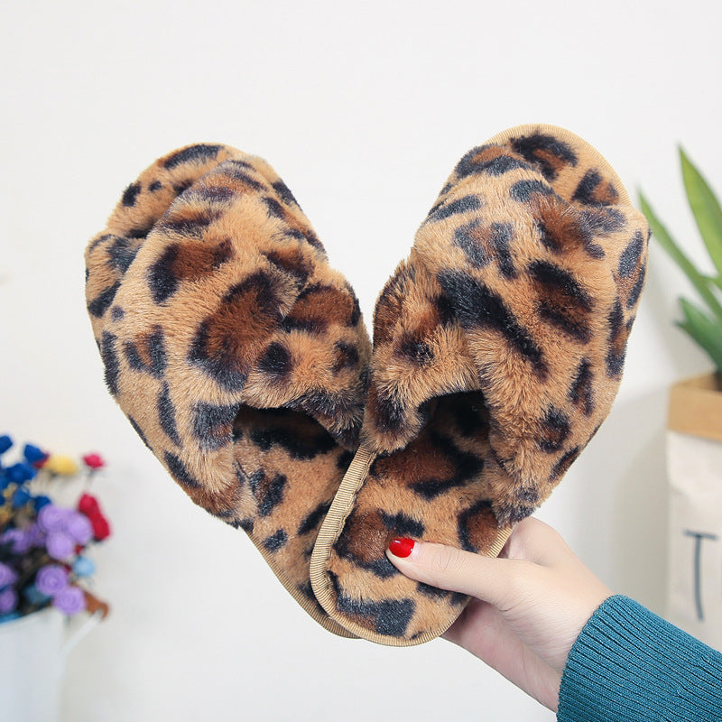 Cross-strap Fuzzy Slippers Leopard Plush House Shoes Flat Bedroom Slippers Slippers For Women EX-STOCK Canada