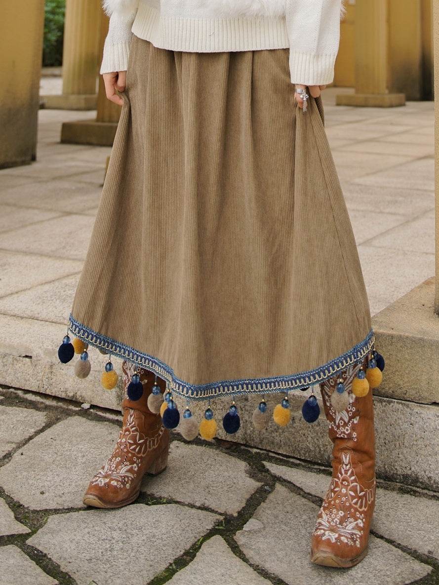 Corduroy Ethnic Style Fur Ball Stitching Brown High Waist Tassel Versatile Maxi Skirt - EX-STOCK Canada