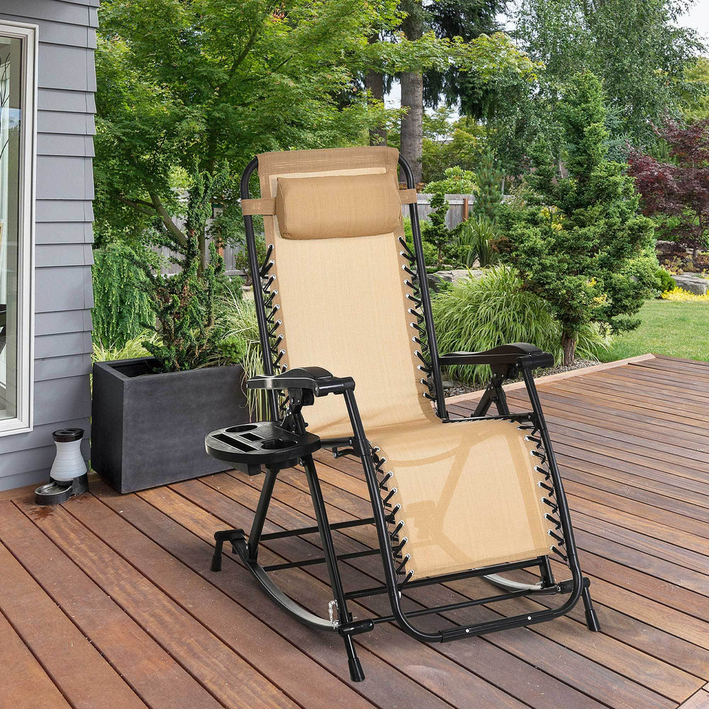 Ergonomic Recline Beige Zero Gravity Rocker With Headrest, Tray Phone Holder - EX-STOCK Canada
