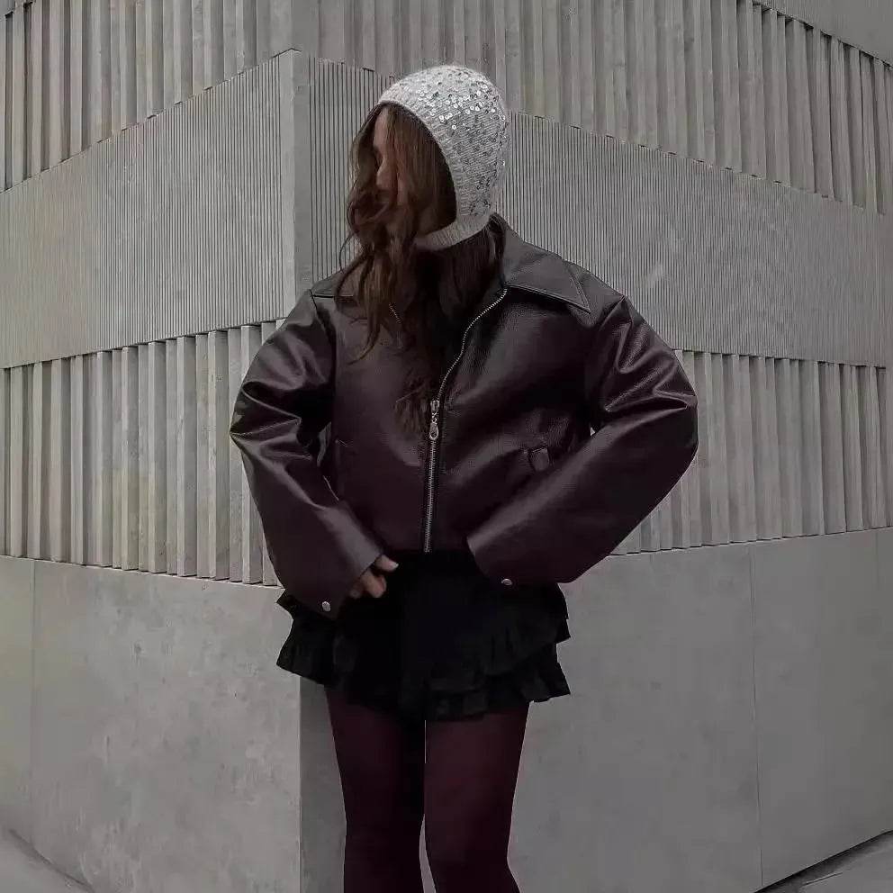 Fashioned Oversized zipper Lapel Leather coat jacket for women - EX-STOCK Canada