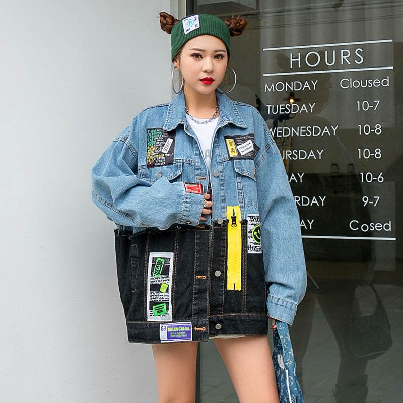 Personality Stitching Graffiti Patch Denim Loose Jacket Women EX-STOCK Canada