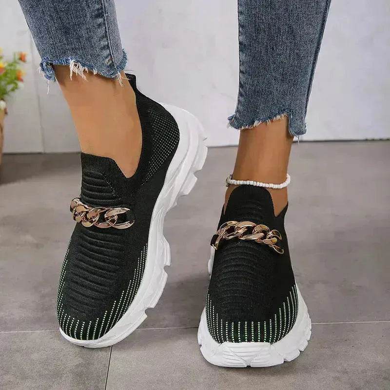Fashion Chain Design Mesh Shoes For Women Breathable Casual Soft Sole Walking Sock Slip On Flat Chunky Sneakers Shoes for Women - EX-STOCK Canada