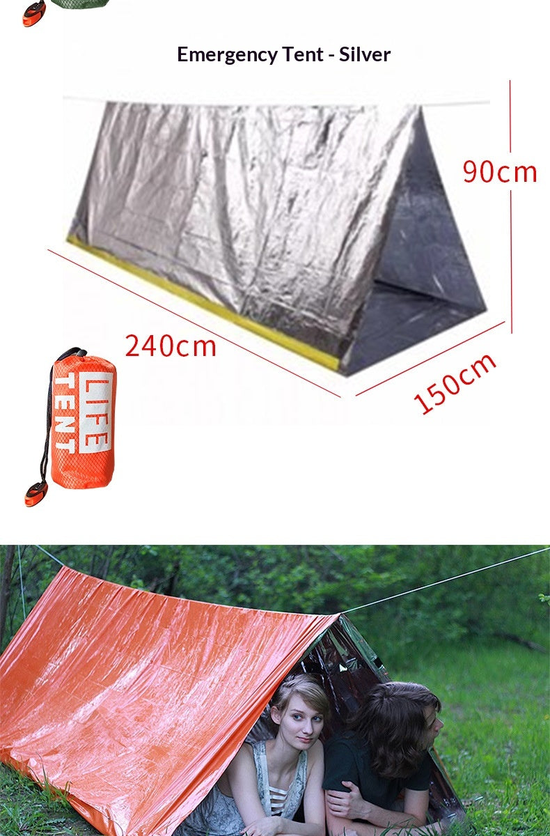 A composite product listing image for an emergency tent. The top half shows a silver reflective tent on a white background with dimension lines reading 240cm, 150cm, and 90cm, plus a small orange carrying bag.