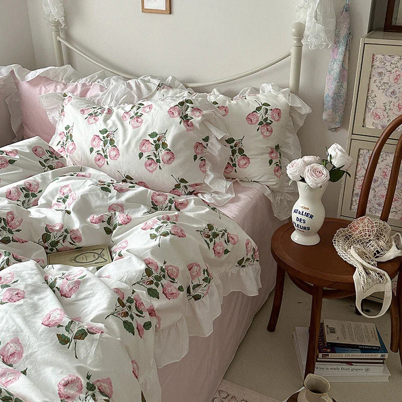 Princess Style Ruffled Pure Cotton French Floral Minimalist Bed Sheet Duvet Cover Bedding EX-STOCK Canada