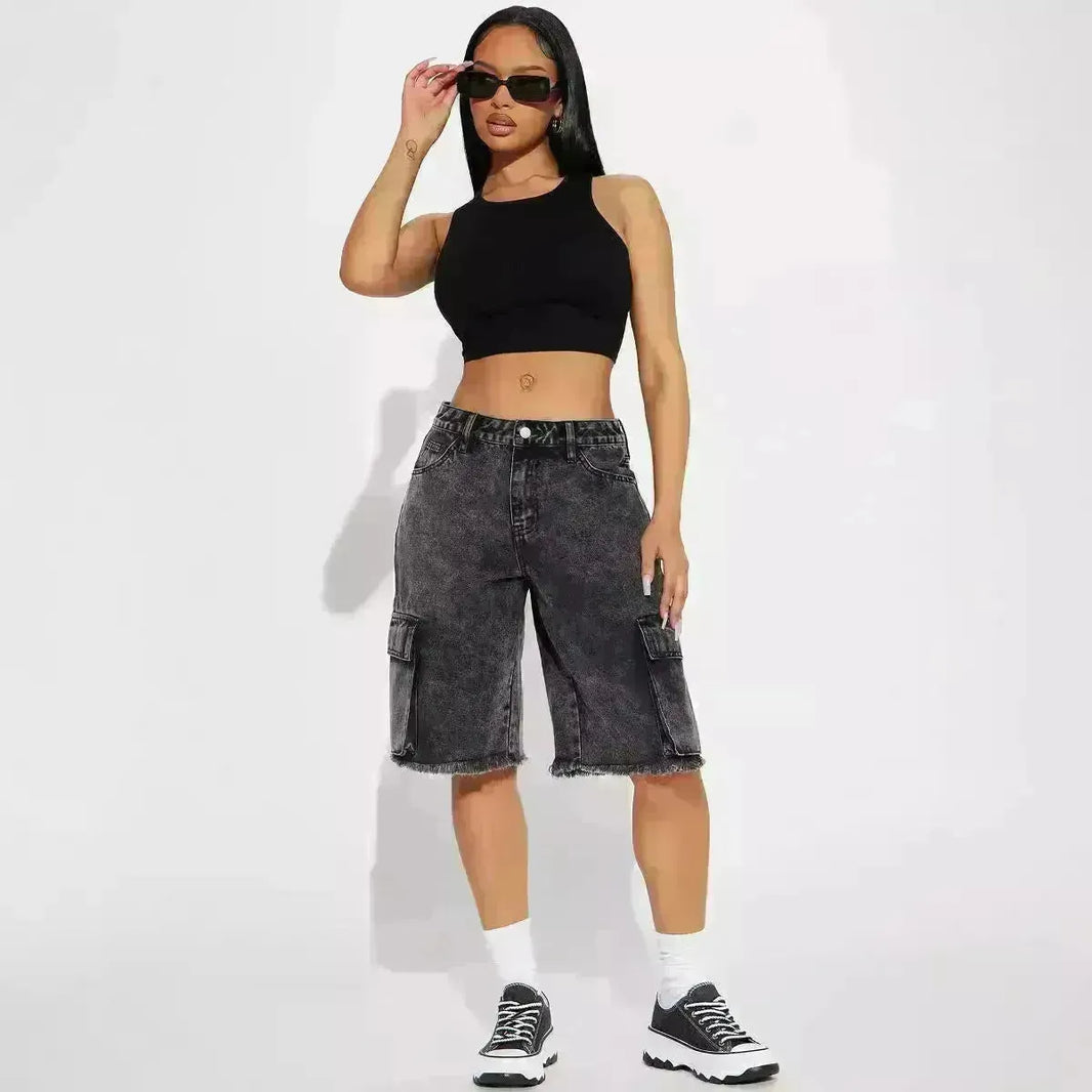 Fashion Street Lavato Orna sfilacciata Domenne Denim Short Pants Shorts Black Jeans per donne