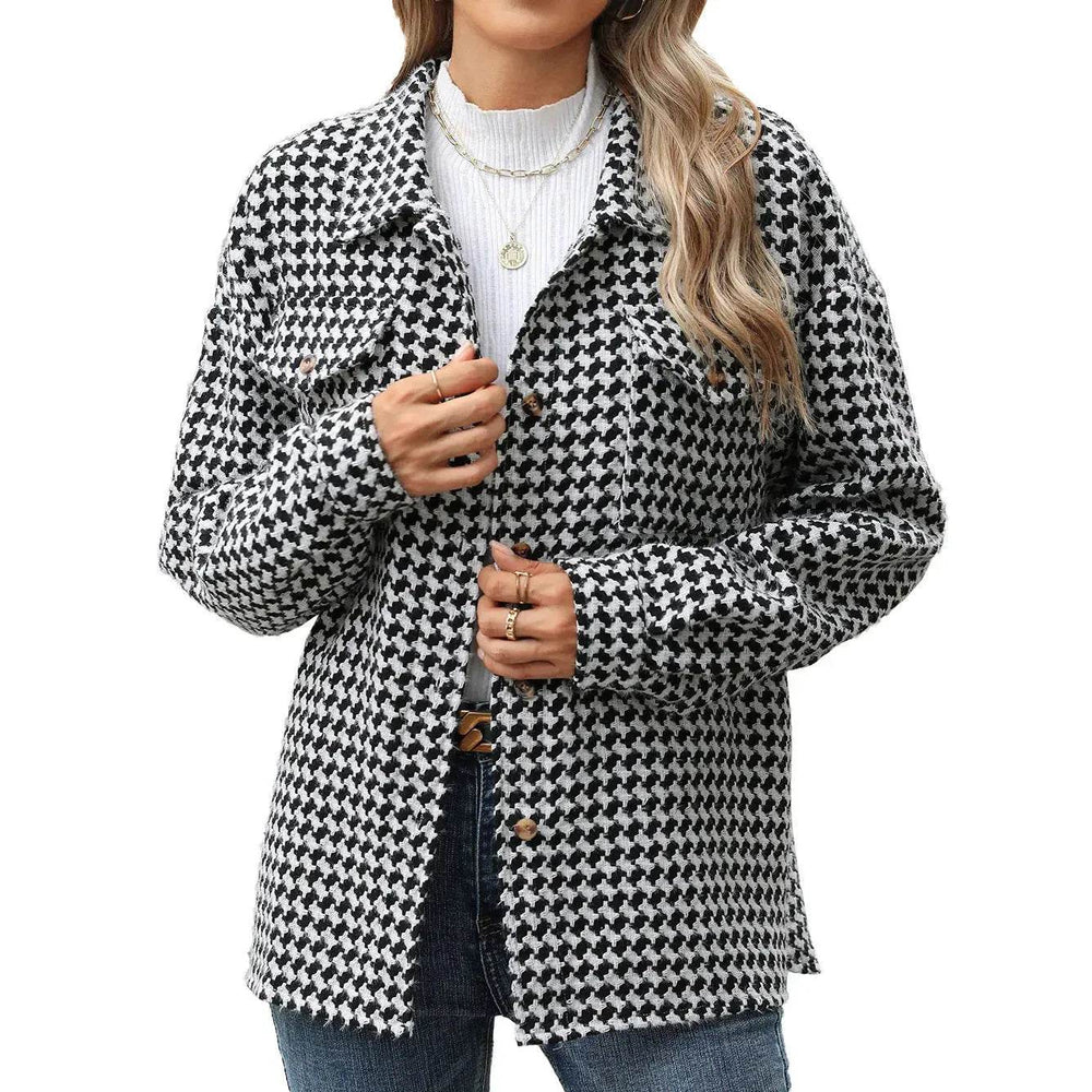 Casual Houndstooth Lapel Tweed Button long sleeve shirt tops for women - EX-STOCK Canada
