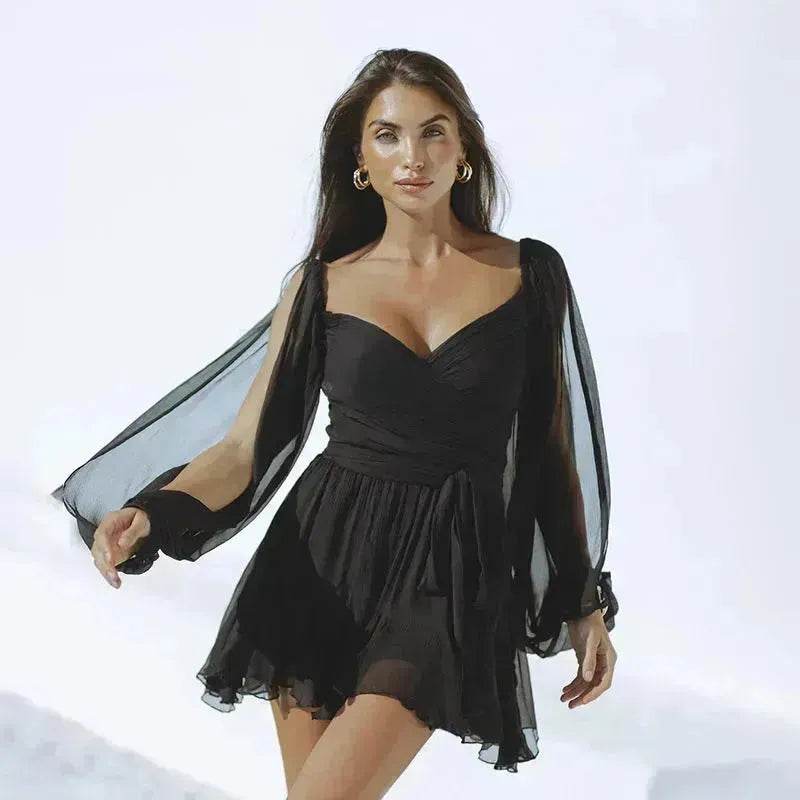 Women's Solid Color Chiffon Slim Fit Short Dress Mini Skater Flared Dress for Chic Ladies - EX-STOCK Canada