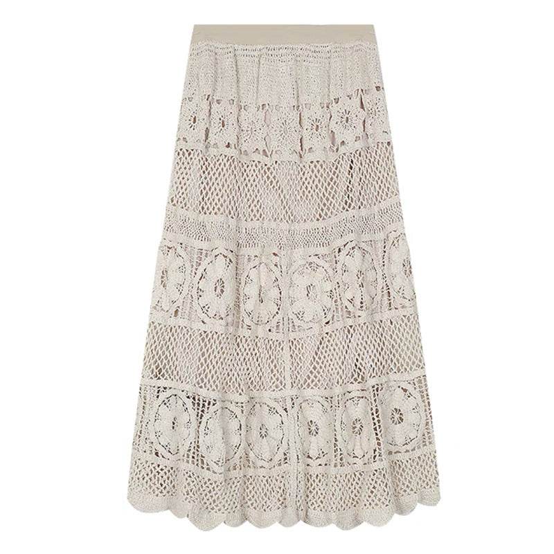 Retro Vacation Style Crocheted Hollow Beige Maxi Skirt - EX-STOCK Canada