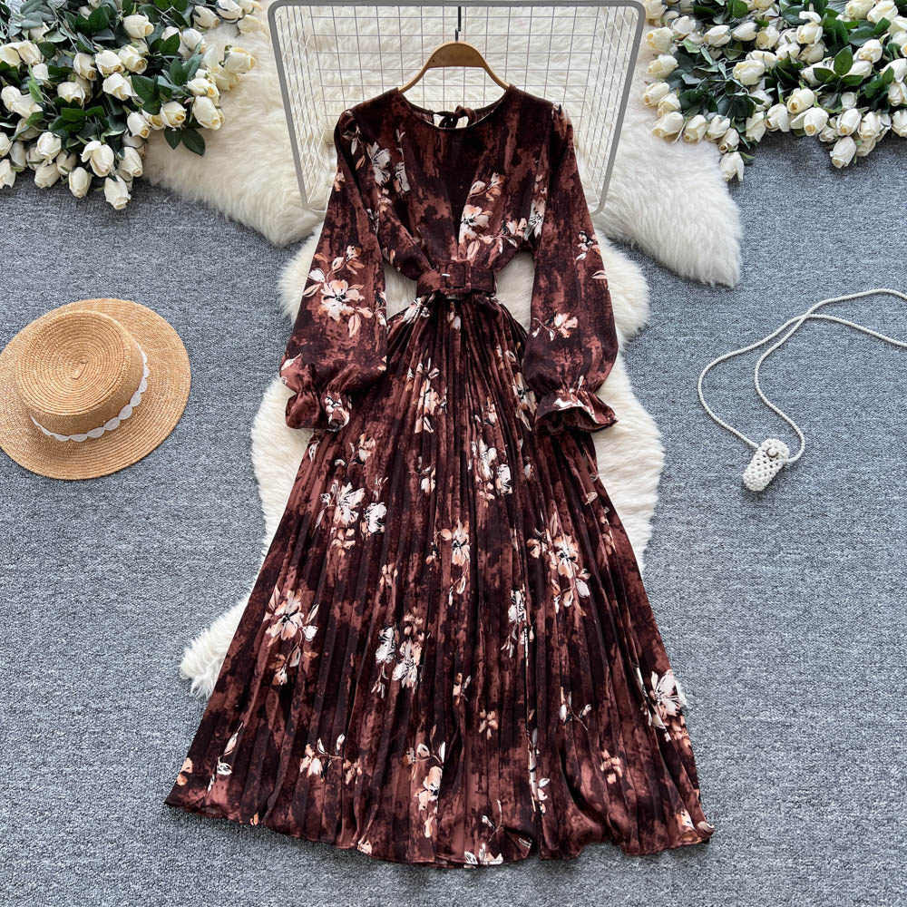 Women's French Vintage Pleated A-Line Maxi Dress – High Waist | 8 Colors