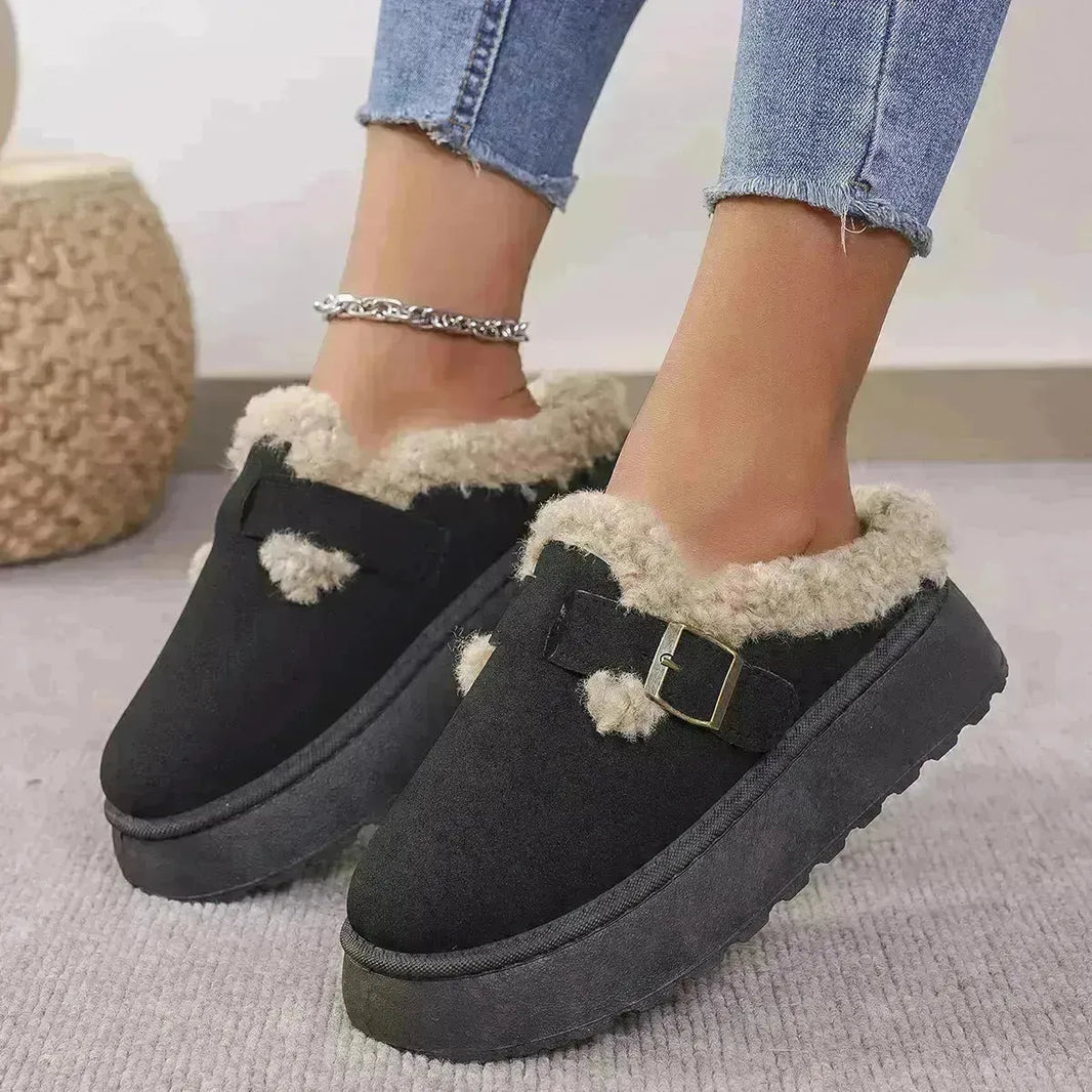 Fashion à boucle moelleuse en peluche épaisse plate-forme d'origine coton pantoufles d'hiver intérieure et extérieure de femmes chaudes décontractées de jardin pantoufle