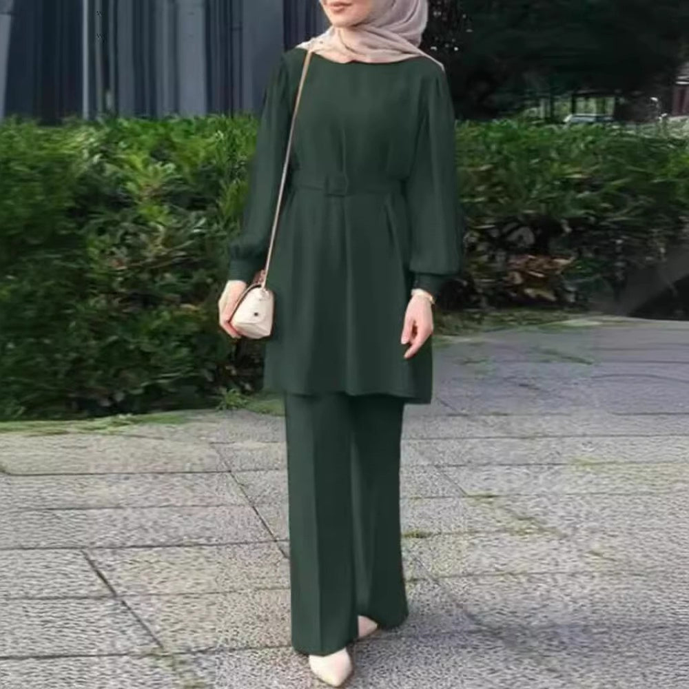 Ensemble haut et pantalon musulman du Moyen-Orient à manches longues, col rond, ceinture à taille élastique - EX-STOCK Canada