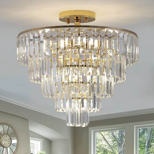 Golden Crystal Chandelier, 5-layer Round Semi-recessed Chandelier Lamp, Large Modern Luxury Chandelier, Suitable For Living Room, Dining Room, Bedroom, Corridor - EX-STOCK Canada