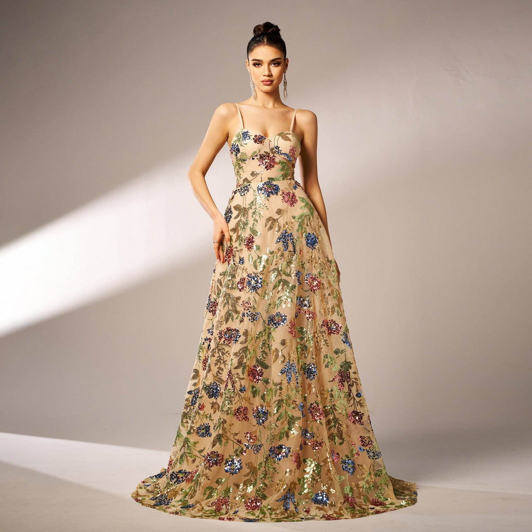 Elegant Sleeveless Sequined Suspender Maxi Evening Dress - EX-STOCK Canada