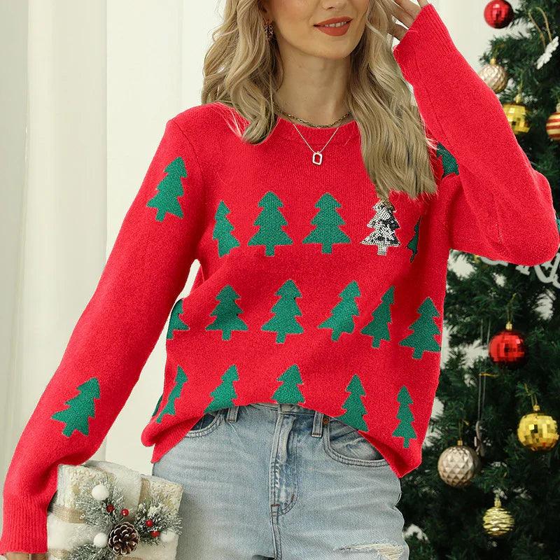 Pull de Noël rouge pour femmes à manches longues avec motif jacquard d'arbre de NoëlEX-STOCK Canada