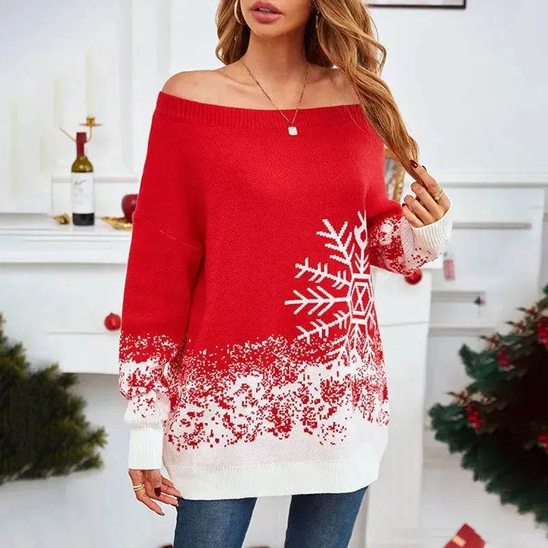 Snowflake Off-the-shoulder Cashmere Christmas Sweater top Women - EX-STOCK Canada