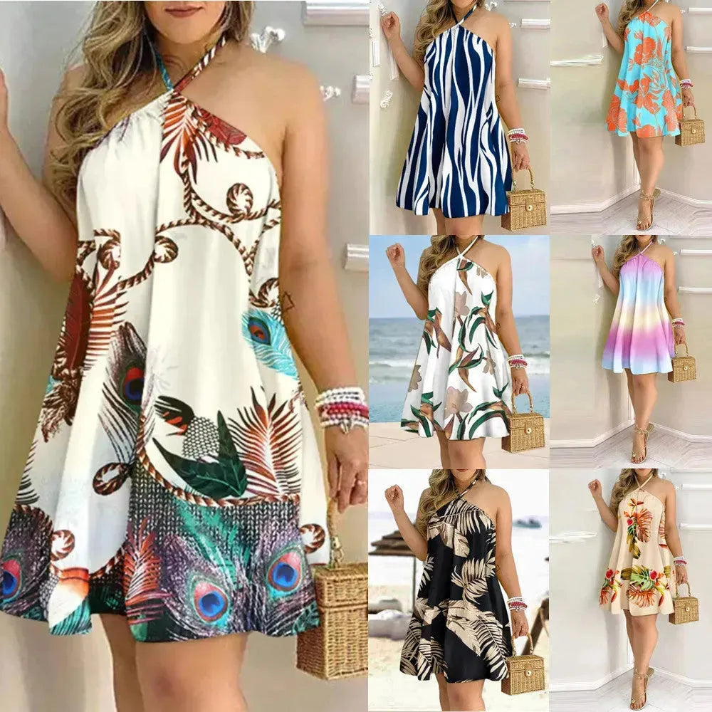 Printed Dress Summer Off-Shoulder Hanging Neck Sleeveless Sexy Dresses Women - EX-STOCK CANADA