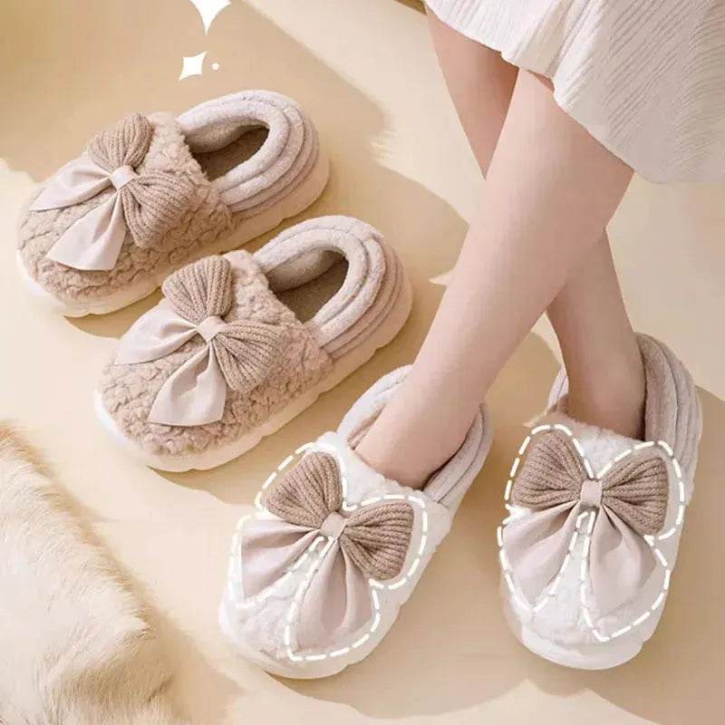 Big Bow-knot Fluffy Slippers Winter Warm Covered Heel Cotton Shoes Fashion Thick-soled Platform Slippers Indoor And Outdoor Garden Walking Shoes - EX-STOCK Canada